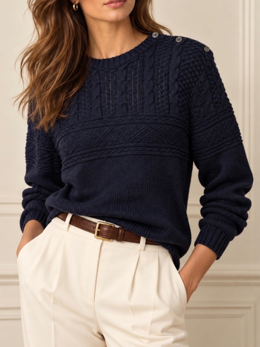 Lauren Ralph Lauren Navy Blue Cable Knit Cotton Sweater Shoulder Button Pullover